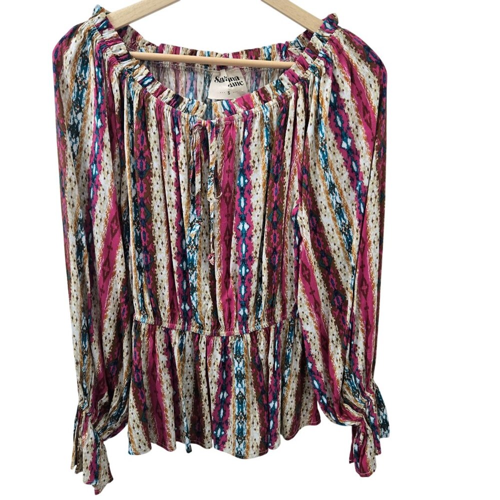 Savana Jane Womens Boho Peasant Top S Multicolor Long Sleeve Elastic Waist Tie N